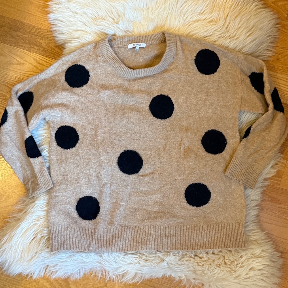 Madewell Tan and Black Crew Neck Sweater with Polka Dots